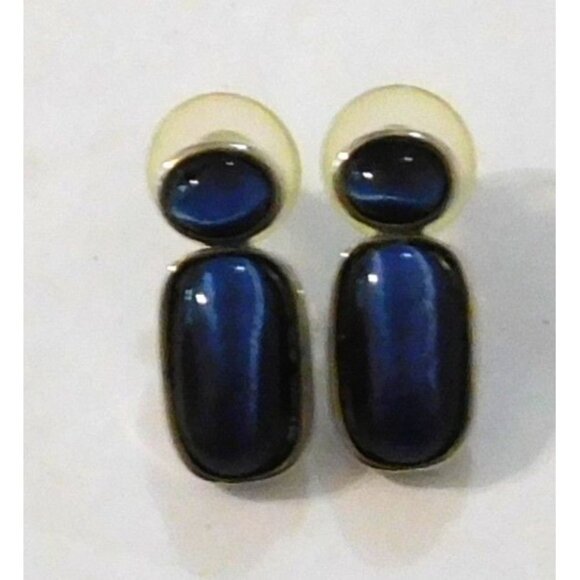 Vintage Two-Tone Necklace Blue Pendant Matching Pierced Earrings Set - Picture 7 of 11